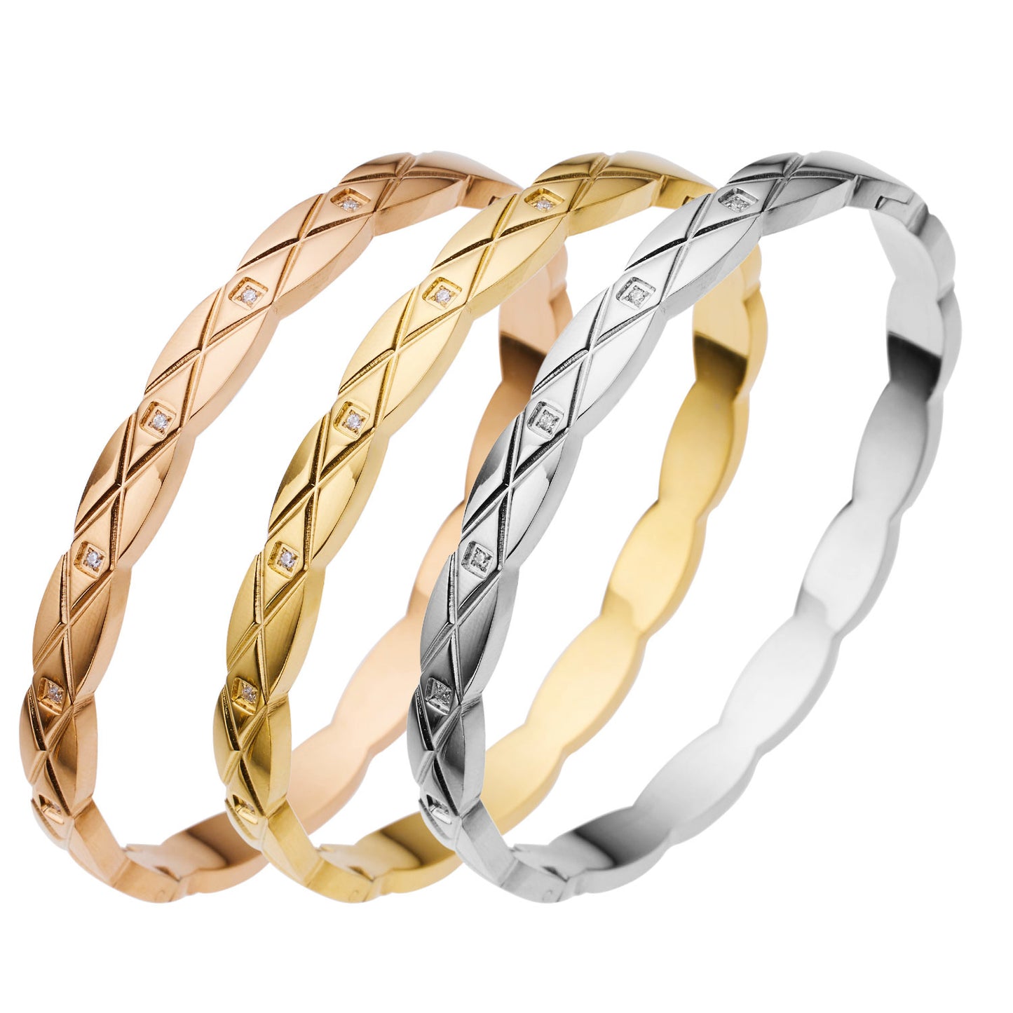 Women's Rhombus Lattice Stainless Steel Bangle with Diamonds, Elegant Titanium Steel Open Cuff Bracelet