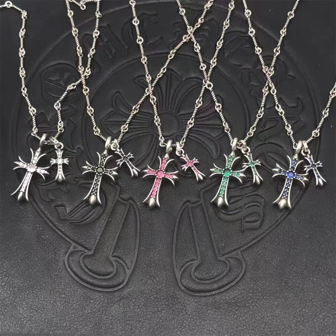 Two Cross Vintage White Gold Diamond Necklace Designer Chrome Hearts Style