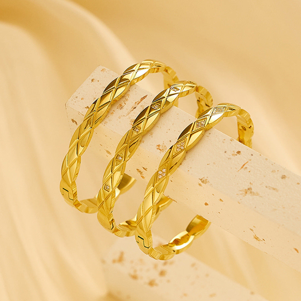 Women's Rhombus Lattice Stainless Steel Bangle with Diamonds, Elegant Titanium Steel Open Cuff Bracelet