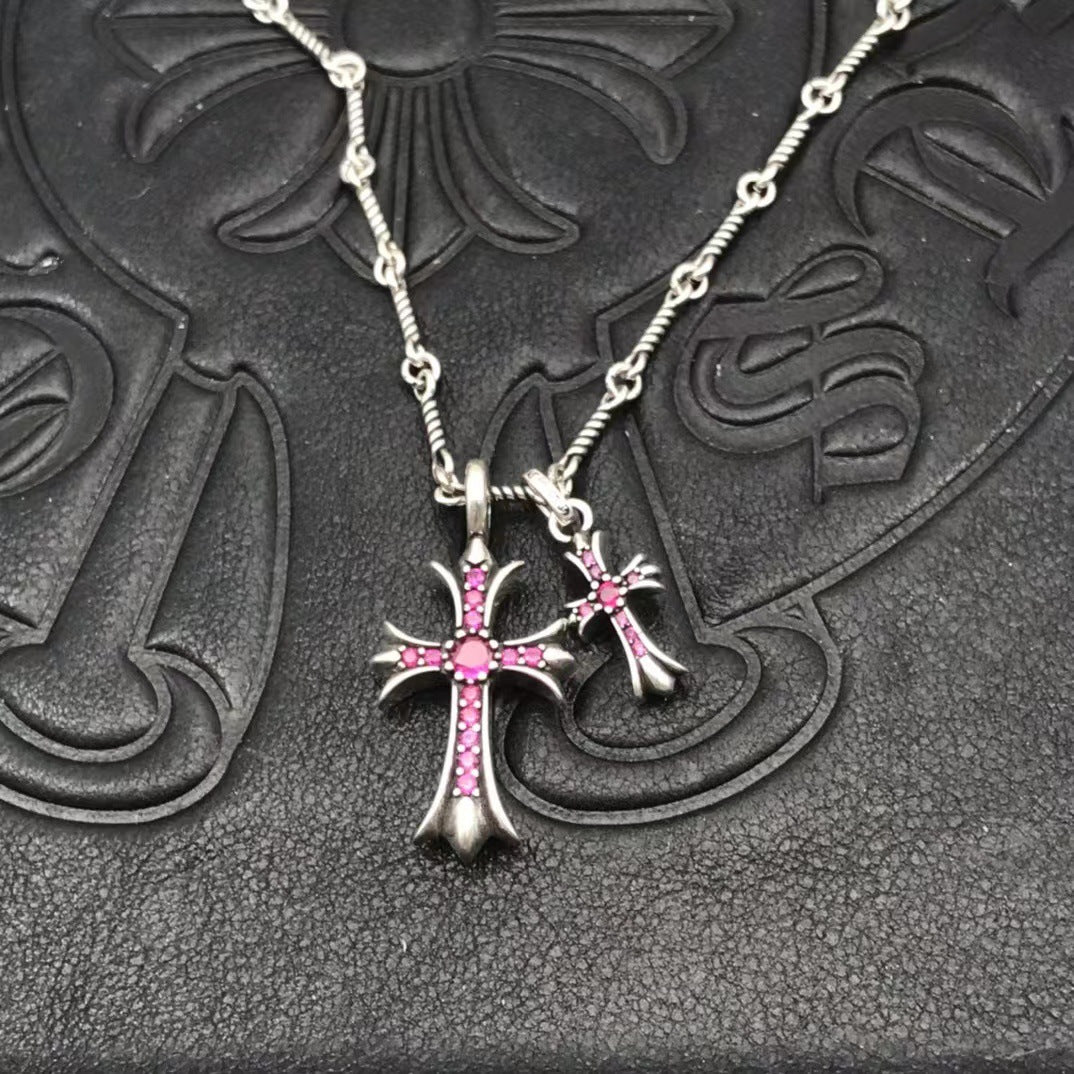 Two Cross Vintage White Gold Diamond Necklace Designer Chrome Hearts Style