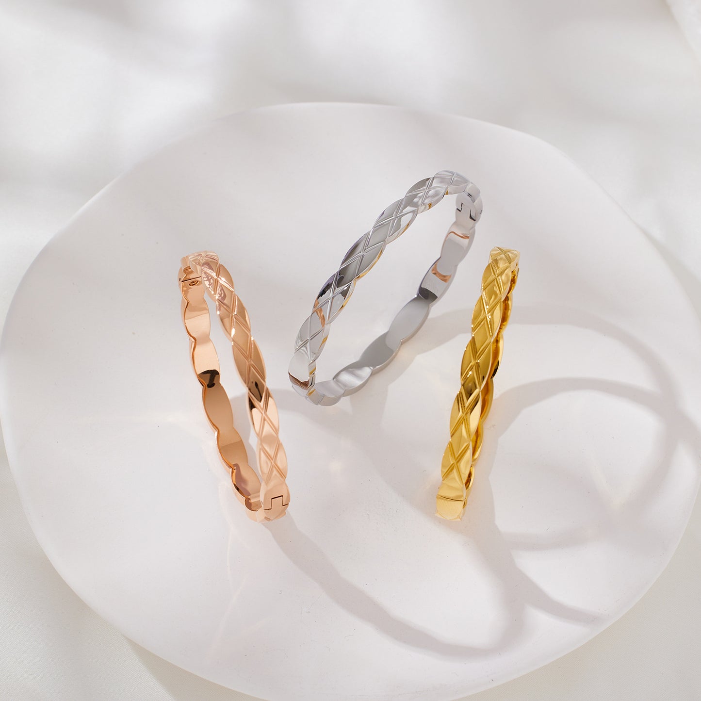 Women's Rhombus Lattice Stainless Steel Bangle with Diamonds, Elegant Titanium Steel Open Cuff Bracelet