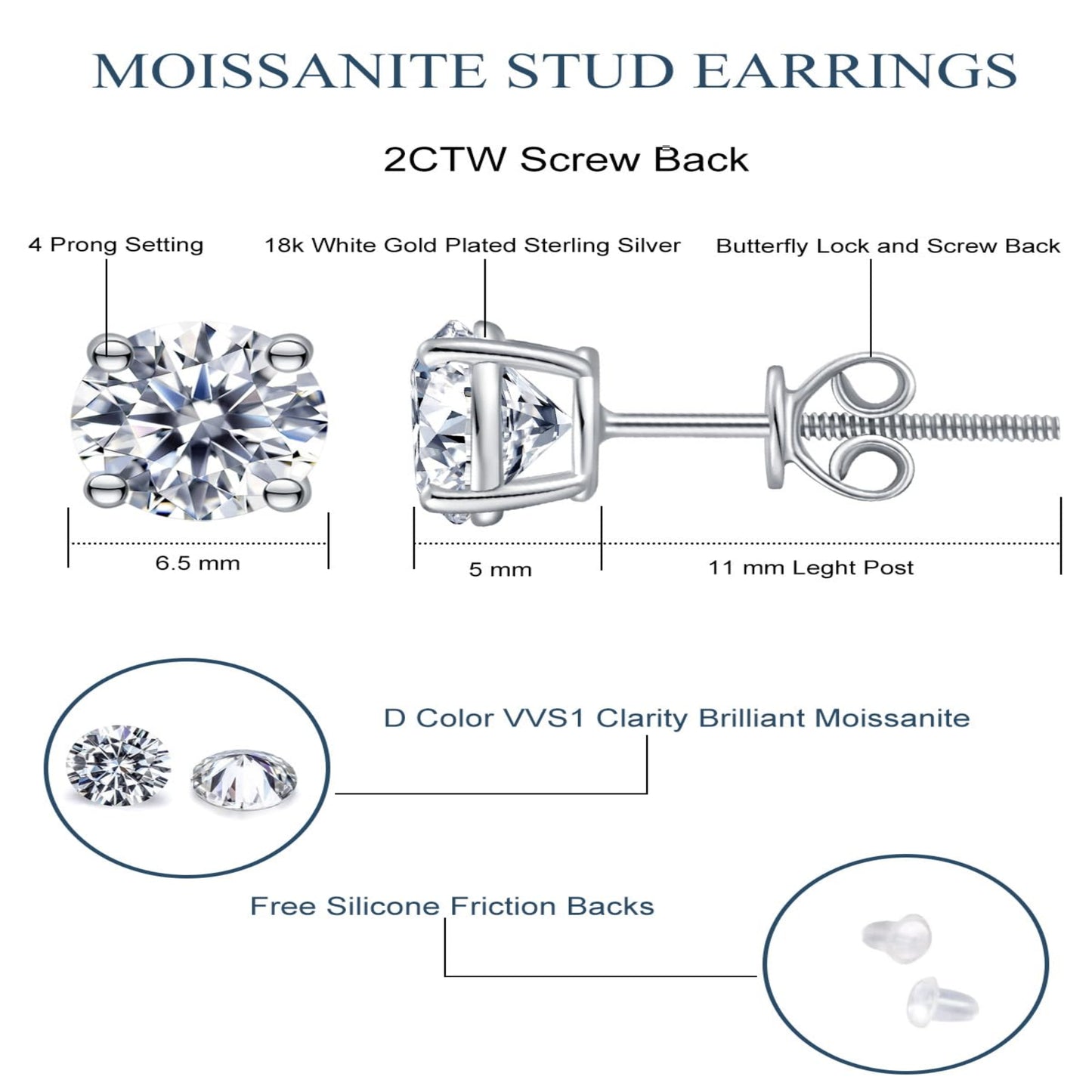 Moissanite Stud Earrings 925 Sterling Silver stud for Women Men 0.5ct-2ct