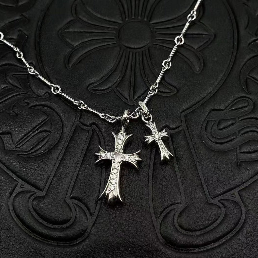 Two Cross Vintage White Gold Diamond Necklace Designer Chrome Hearts Style