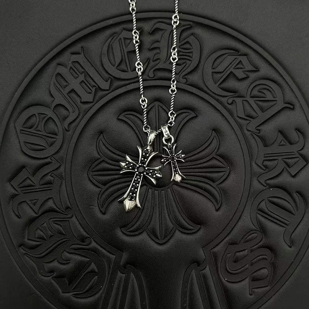 Two Cross Vintage White Gold Diamond Necklace Designer Chrome Hearts Style
