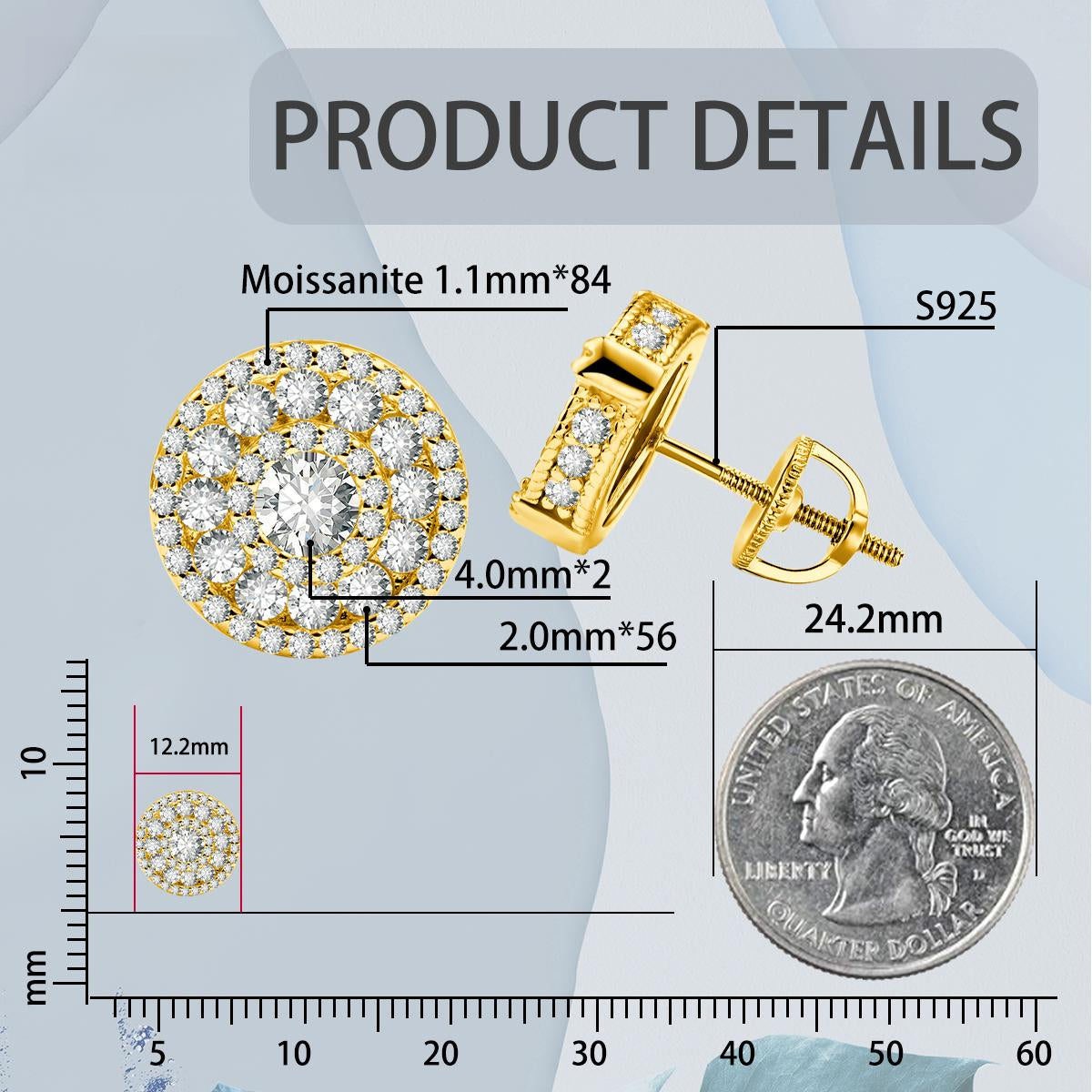 S925 Round Synthetic Moissanite Hip Hop Bling Out Circular Stud Earrings Birthday Anniversary Valentine's Day Gifts for Men Women