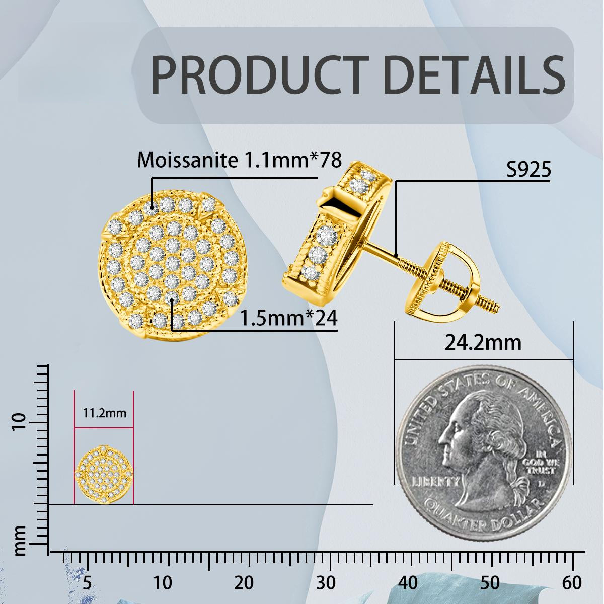 SS925 Round D Color VVS Synthetic Moissanite Hip Hop Iced Out Screw Back Circle Shape Stud Earrings Birthday Anniversary Valentine's Day Gifts for Men Women