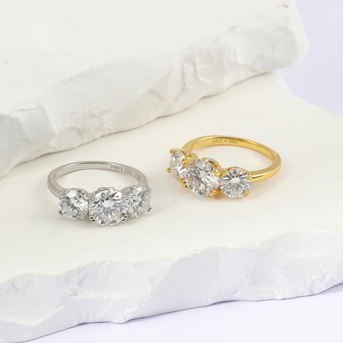 S925 Round Cut VVS Synthetic Moissanite Three-Stone Prong Engagement Ring