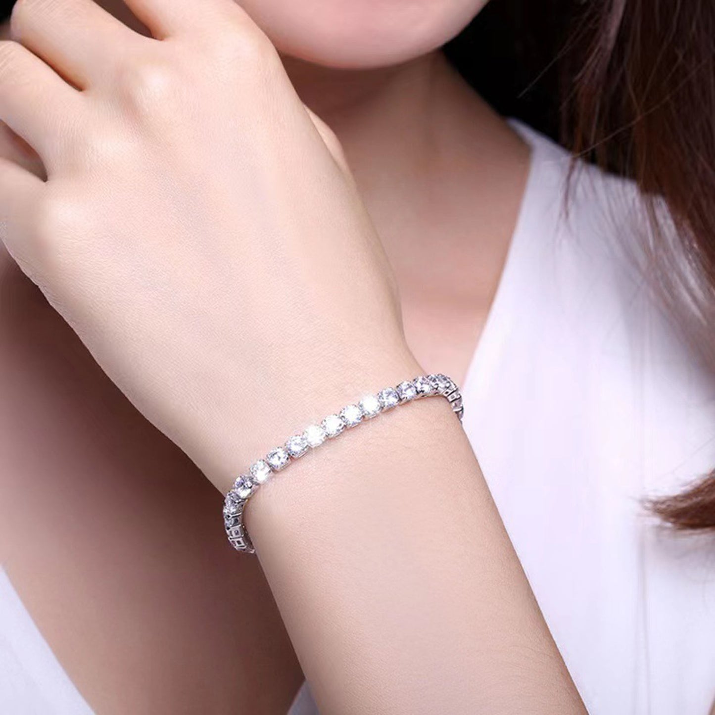18K White Gold Plated 3mm Round Cubic Zirconia Classic Tennis Bracelet  Single Row Diamond Bracelets for Women