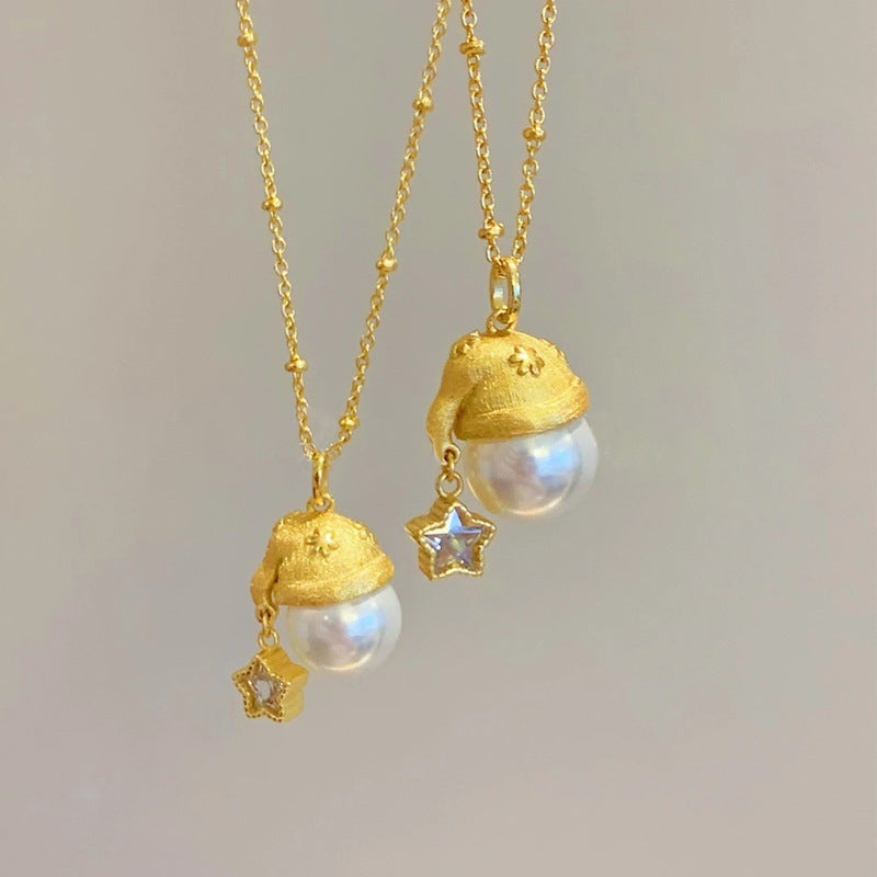 Santa Hat 10mm Pearl Pendant Necklace