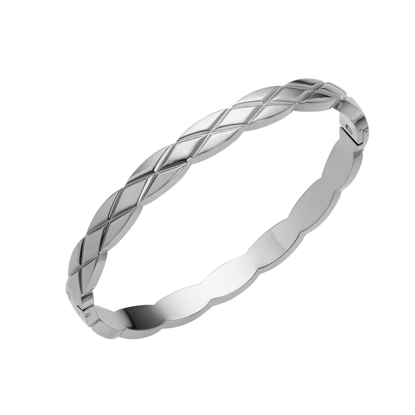 Women's Rhombus Lattice Stainless Steel Bangle with Diamonds, Elegant Titanium Steel Open Cuff Bracelet