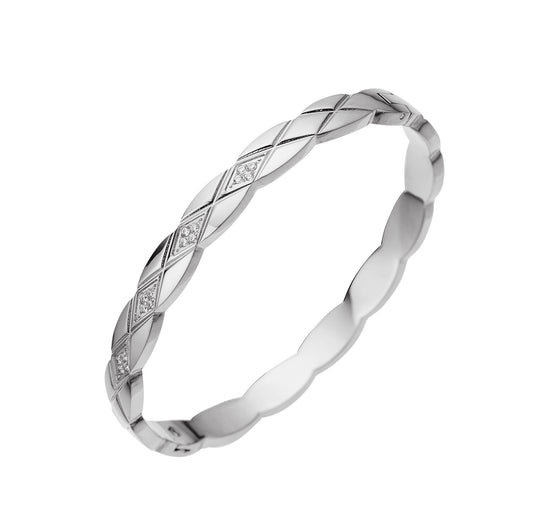 Women's Rhombus Lattice Stainless Steel Bangle with Diamonds, Elegant Titanium Steel Open Cuff Bracelet