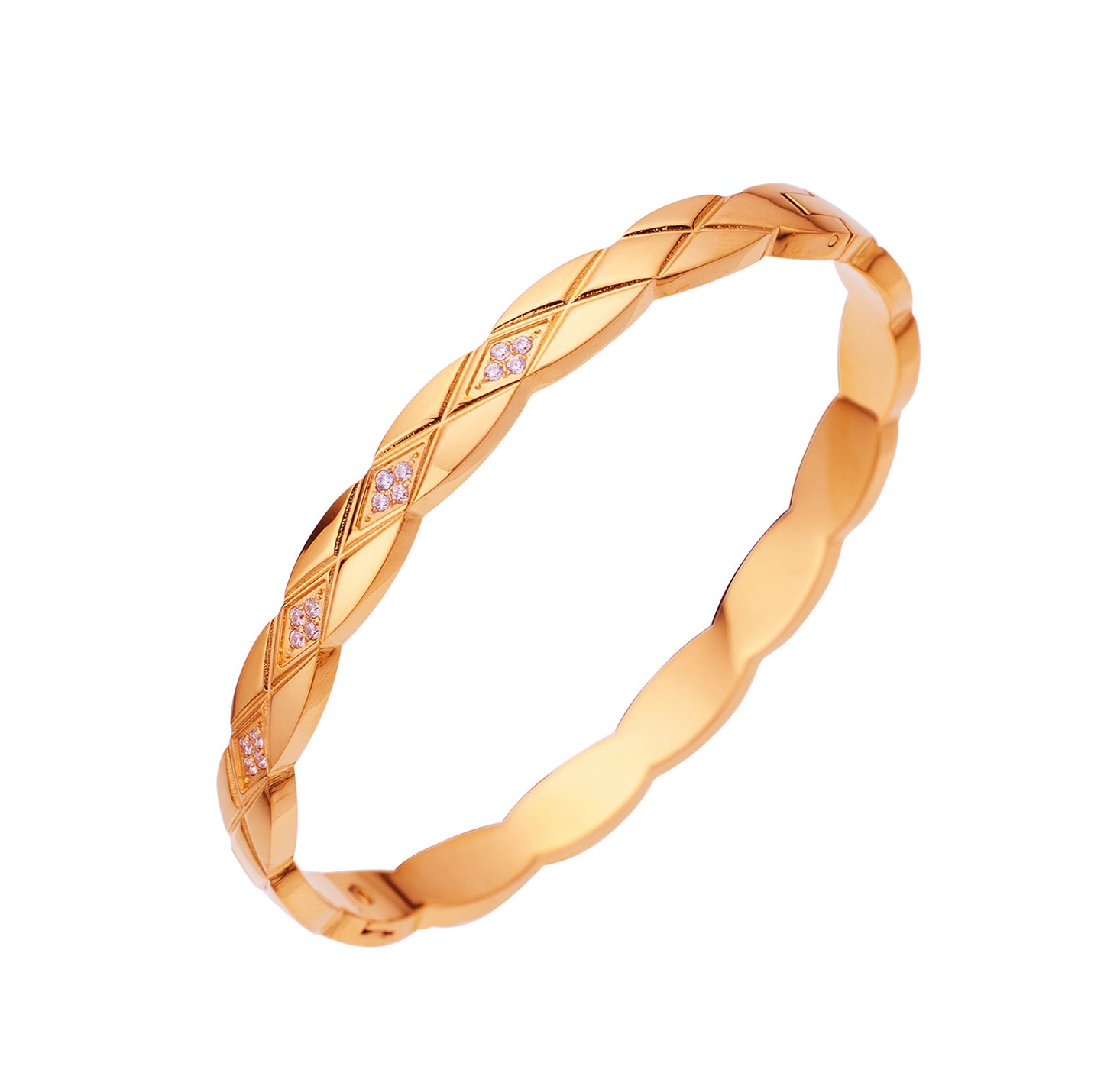 Women's Rhombus Lattice Stainless Steel Bangle with Diamonds, Elegant Titanium Steel Open Cuff Bracelet