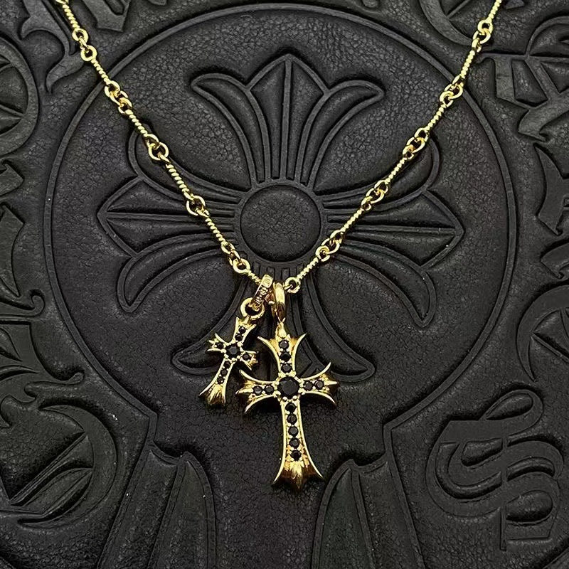 Two Cross Vintage White Gold Diamond Necklace Designer Chrome Hearts Style