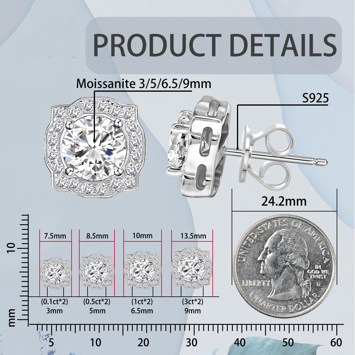 S925 Round Synthetic Moissanite Luxury Stud Earrings Valentine's Day Gift For Men Women