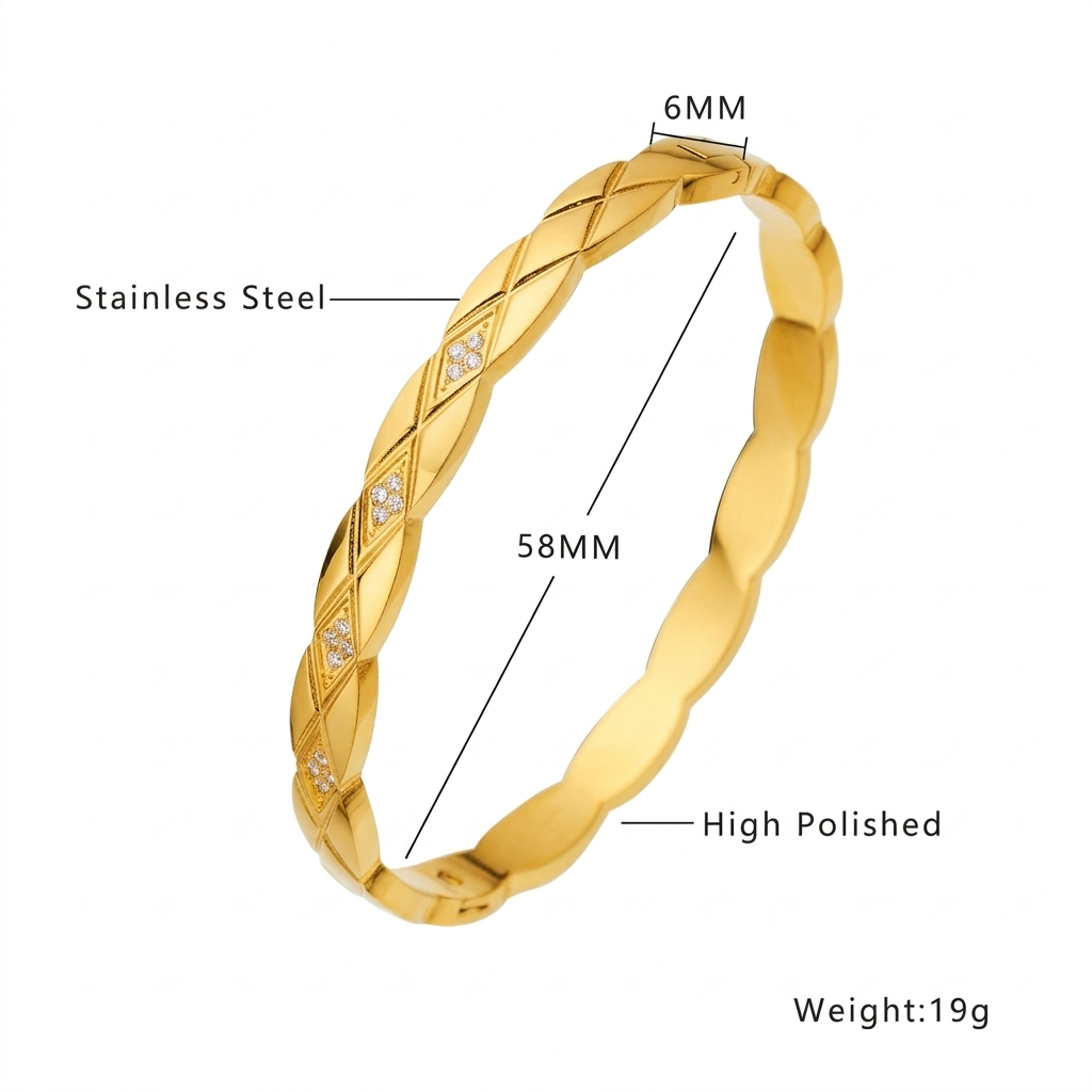 Women's Rhombus Lattice Stainless Steel Bangle with Diamonds, Elegant Titanium Steel Open Cuff Bracelet